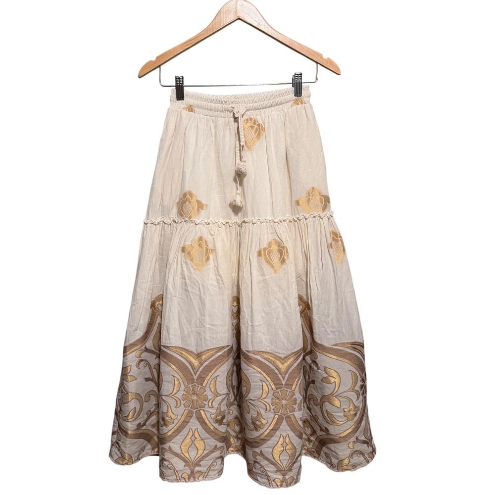Kasia x Anthropologie Gold Damask Floral Tiered Tassel Boho Maxi Skirt Small